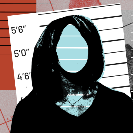 Photo illustration: A silhouette of a woman against overlapping height charts and fingerprints.