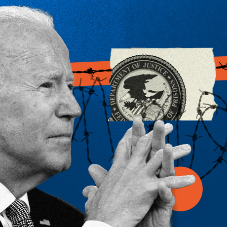 Photo illustration: and Joe Biden looking to the right with Michael Carvajal looking to the left along with orange strips with barbed wire in the background.
