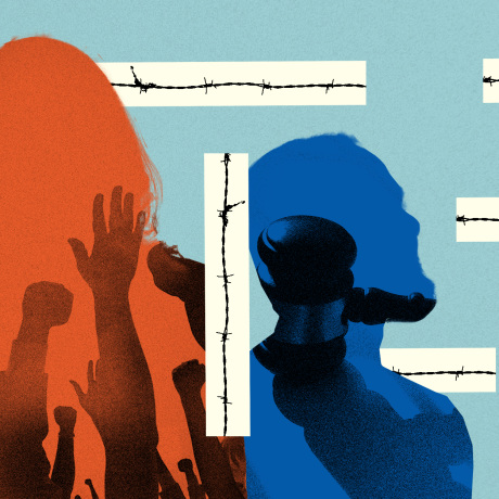 Photo illustration: Raised fists raised in protests and a gavel inside silhouettes of three people. Strips of barbed wire are interspersed between these figures.