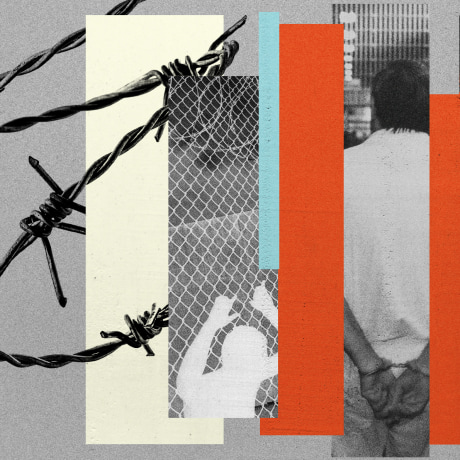 Photo illustration showing barbed wire and scenes from Texas state prisons, including inmates behind a fence, an inmate in handcuffs, and an inmate sleeping in a small bed.