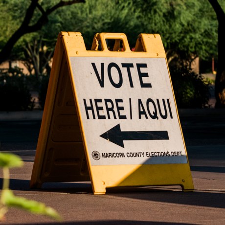 A "Vote Here" sign in Phoenix, Ariz., on Aug. 2, 2022.