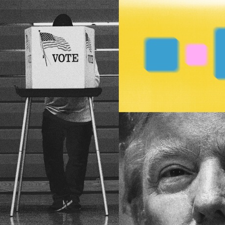 Photo illustration of a voter casting a ballot at a booth and former President Donald Trump