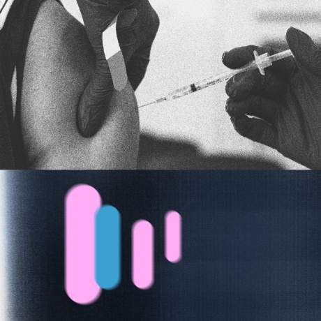Photo illustration of a gloved hand holding Covid vaccine syringes, and a healthcare worker administering a dose of the vaccine.