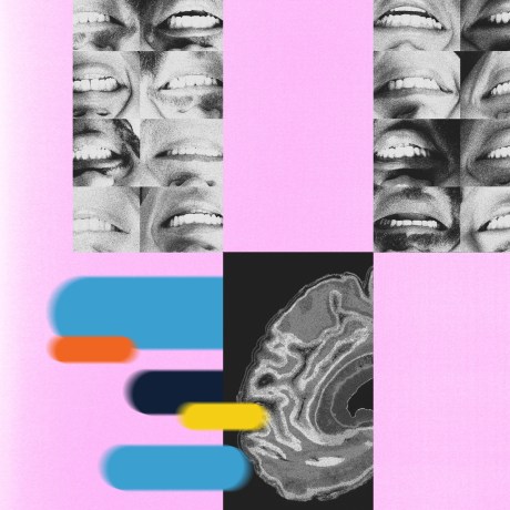 Photo illustration of upside down smiles, a human brain, and people looking stressed.