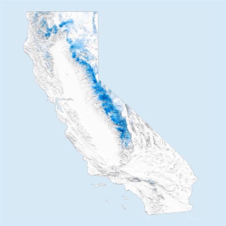 Three maps showing California snow-water equivalent in 2021, 2022 and 2023. The first two years are sparse, the third year is deep blue, reflecting the heavy snowfall the region saw.