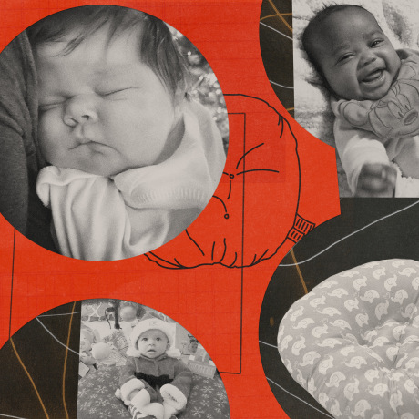 Photo illustration of young babies seen through cut out circles; a Boppy branded baby lounger; a drawing of the baby lounger.