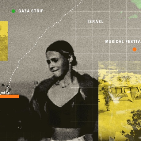 Photo illustration of woman running with overlaid map of Gaza Strip and Israel.