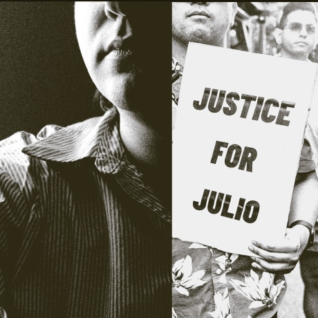 Collage of Tyler Burt, Julio Ramirez's vigil, and framed photos of John Umberger and his mother, Linda Clary
