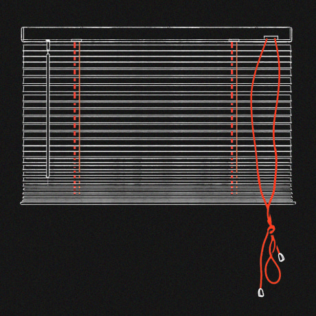 Image: Drawn illustration of slatted window blinds and their pull cords.