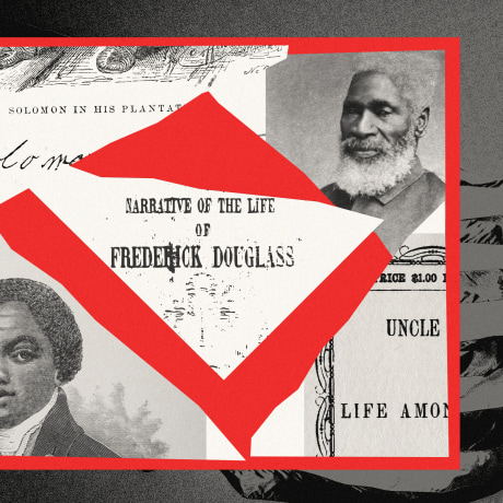 Photo collage of excerpts of various slave memoirs and figures