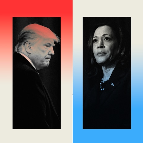 Photo illustration of side-by-side images of Trump and Harris 