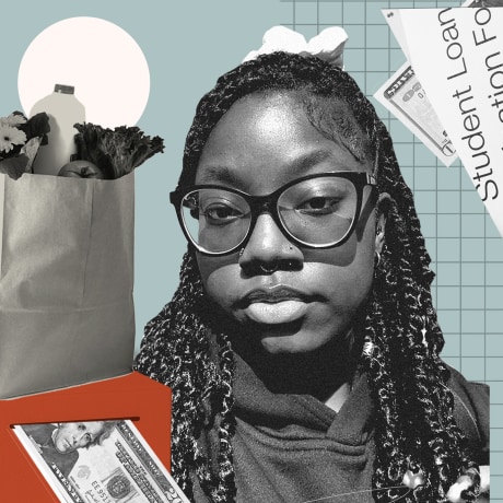 Photo collage of subject Romona Smith, a bag of groceries, two twenty-dollar bills, and a slip of paper that reads "Student Loan"