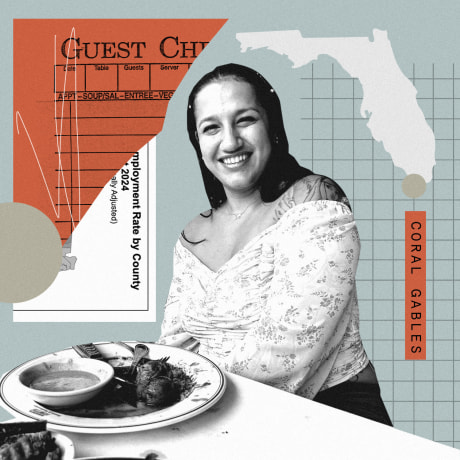 Photo collage of slip of paper that reads "Guest Check" next to an image of a smiling woman at a restaurant table alongside an illustration of the state shape of Florida 