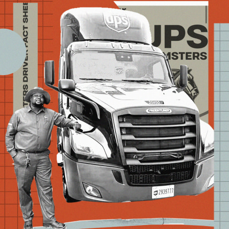 Photo collage of man standing next to UPS truck against orange background; text on the right and left of the frame reads: "Teamster Driver Fact Sheet" and "UPS Teamsters"