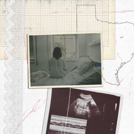 PHoto collage of a woman sitting in a hospital bed; a sonogram; and the state shape of texas