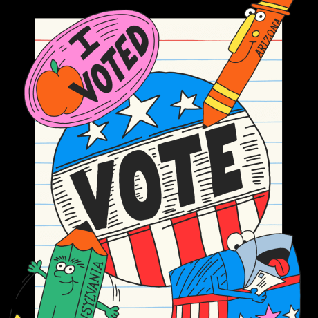 Collage of illustrated stickers that read: "I voted" and "Vote" and an illustration of a pencil that reads "Pennsylvania" and a pen that reads "Arizona" 