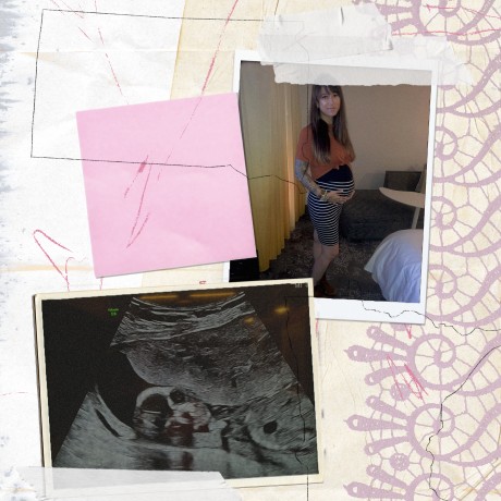 Scrapbook style image with an assortment of papers and scribbles, including outlines of Minnesota and South Dakota. Two photos, one of Danielle Campoamor holding her pregnant belly and another of an ultrasound, are part of the scrapbook.