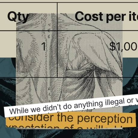 Photo collage: an anatomical drawing revealing back muscles layered atop an abstracted photo of arteries, text overlays read: "Qty: 1" "Cost per item: $1,000" "While we didn't do anything illegal or wrong.." and "Consider the perception" 