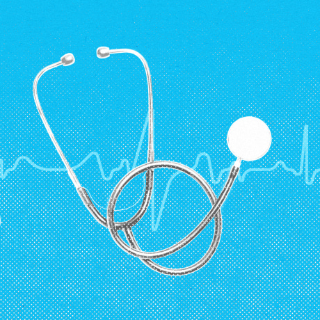 Several stethoscopes against an EKG line, on a blue background.