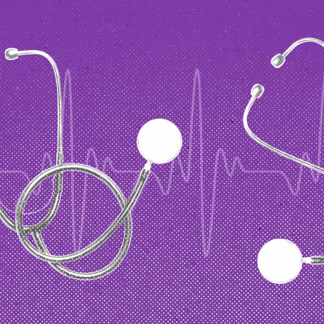 Several stethoscopes against an EKG line, on a purple background.