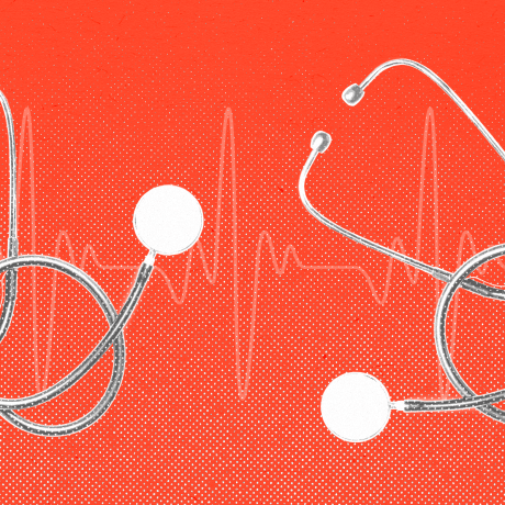 Several stethoscopes against an EKG line, on a red background.
