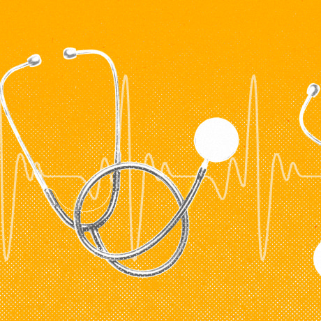 Several stethoscopes against an EKG line, on a yellow background.