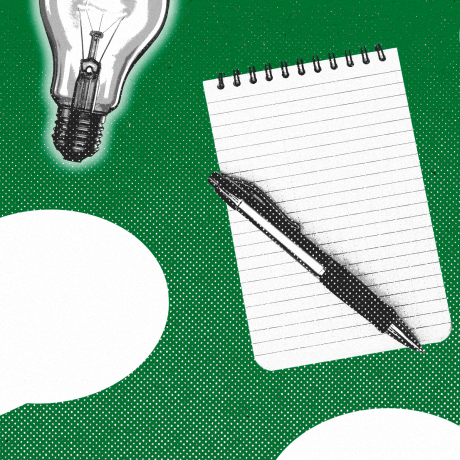 Light bulbs, note pads and pens, and speech bubbles repeated in a pattern against a green background.