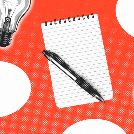 Light bulbs, note pads and pens, and speech bubbles repeated in a pattern against a red background.