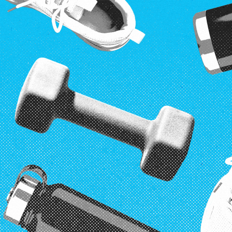Running sneakers, water bottles, and weights repeating in a pattern against a blue background.