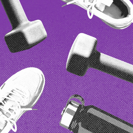 Running sneakers, water bottles, and weights repeating in a pattern against a purple background.