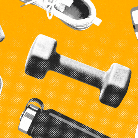 Running sneakers, water bottles, and weights repeating in a pattern against a yellow background.