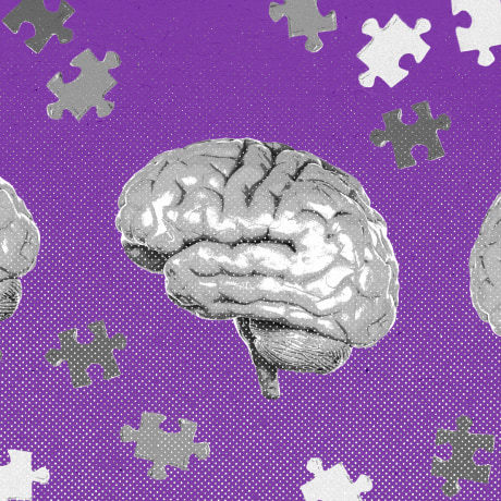 Repeating pattern of brains with puzzle pieces above and below, against a purple background.