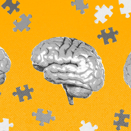 Repeating pattern of brains with puzzle pieces above and below, against a yellow background.