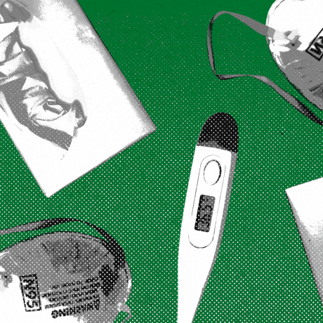 Repeating pattern of thermometers, N95 masks, and tissue boxes against a green background.