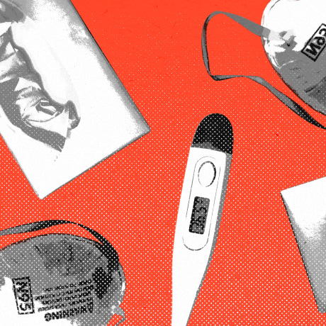 Repeating pattern of thermometers, N95 masks, and tissue boxes against a red background.