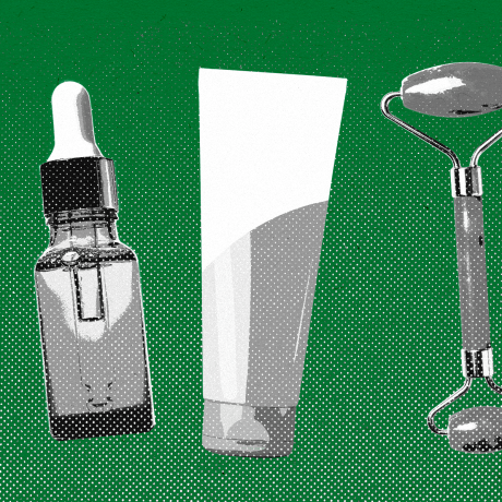 Repeating pattern of skincare cream tube, jade roller, and dropper bottle against a green background.