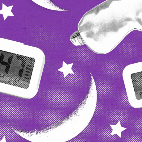 Repeating pattern of alarm clocks, sleep eye masks, stars, and crescent moons against a purple background.