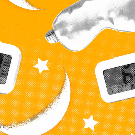 Repeating pattern of alarm clocks, sleep eye masks, stars, and crescent moons against a yellow background.