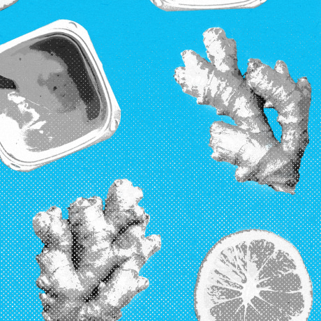 Repeating pattern of ginger root, lemon slices, and yogurt cups against a blue background.