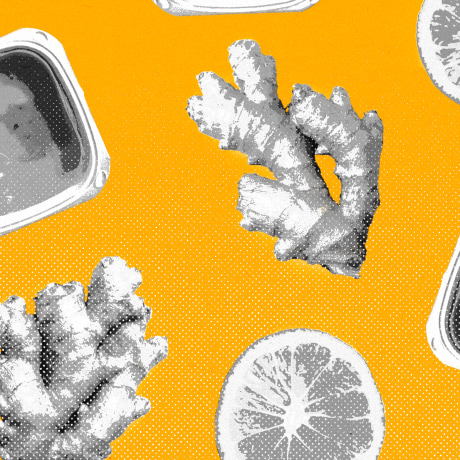 Repeating pattern of ginger root, lemon slices, and yogurt cups against a yellow background.