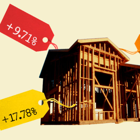 Photo Illustration: A house under construction with price tags attached