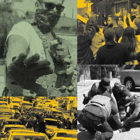 A collage of videos and scenes of ICE officers detaining and searching for people.