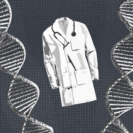 white doctor coat and dna strands