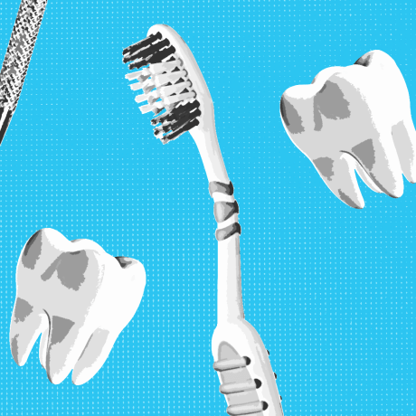 Dentil tools, a toothbrush, and teeth on a color background