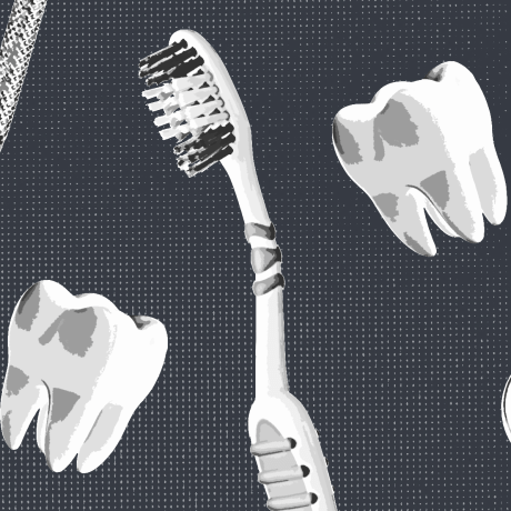 Dentil tools, a toothbrush, and teeth on a color background