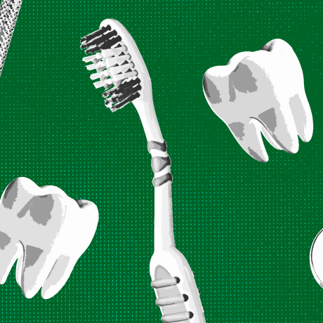 Dentil tools, a toothbrush, and teeth on a color background