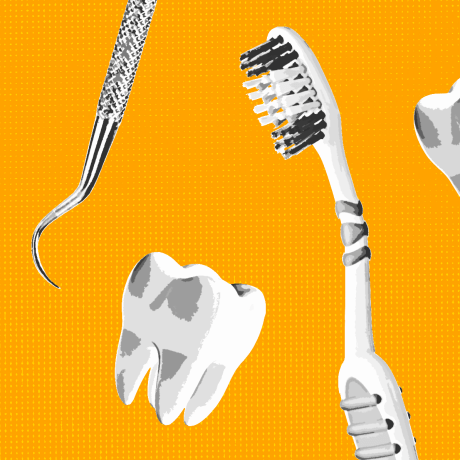 Dental tools, a toothbrush, and teeth on a color background