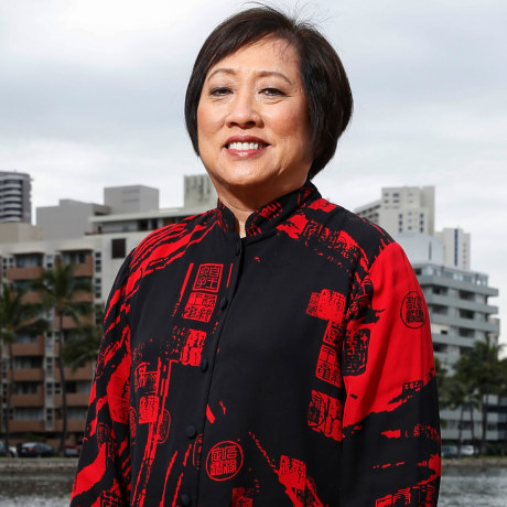 Colleen Hanabusa poses for a photo near the Ala Wai Canal in Honolulu. 