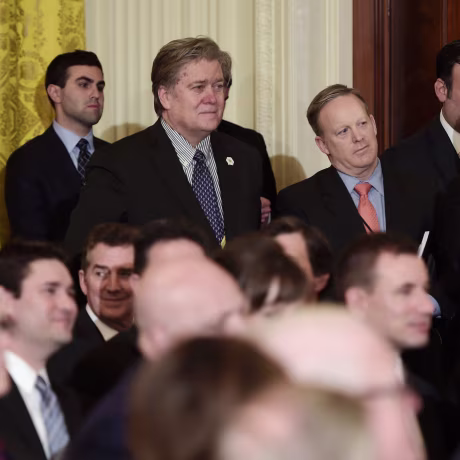 Image: Bannon, Spicer and Priebus attend an event at the White House