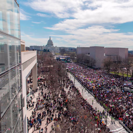 Image: A crowd of marchers gathers for the March for Our Lives Rally in Washington, DC on March 24, 2018.